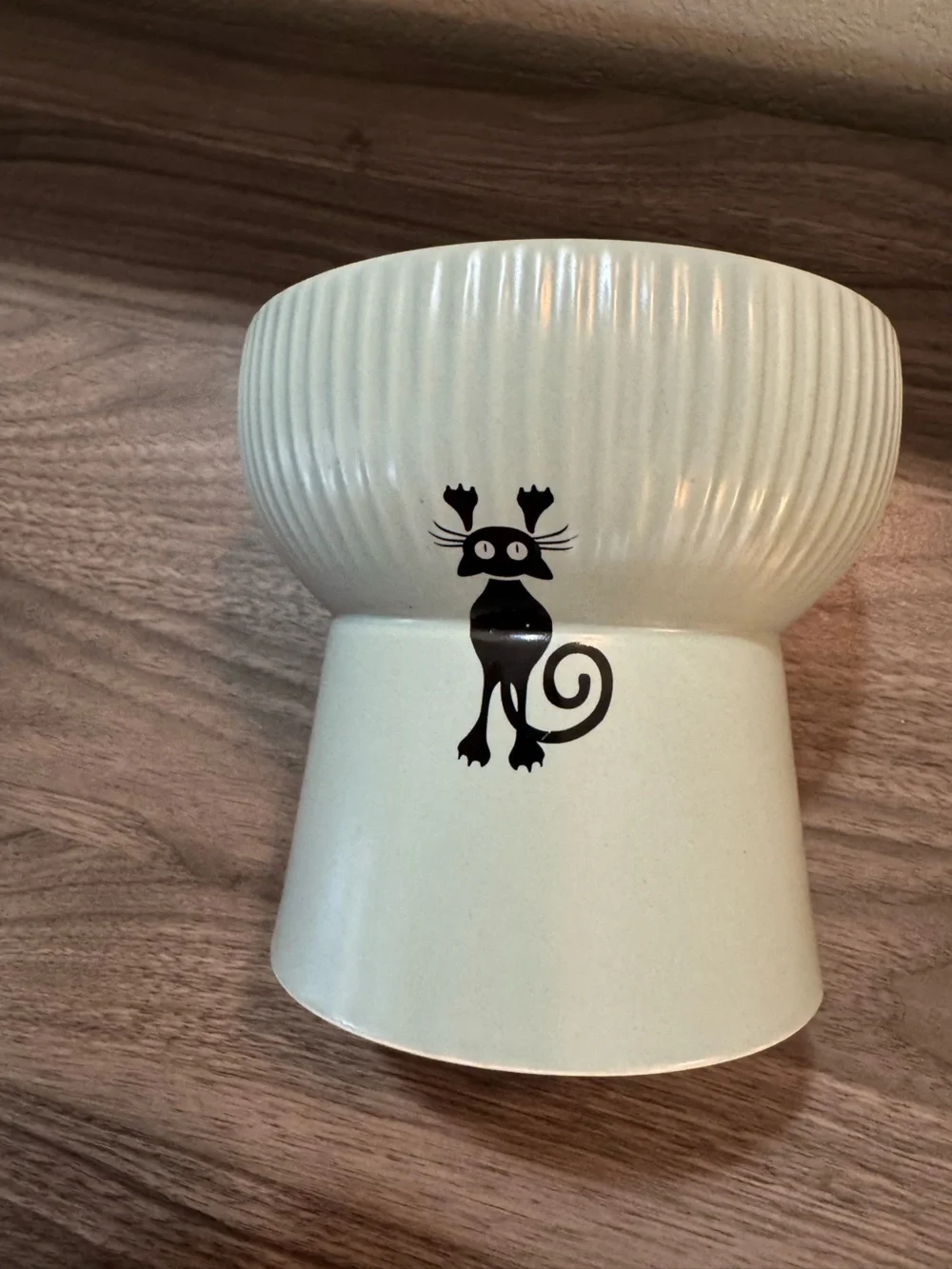 Ceramic Pedestal Bowl with Black Cat Motif - Light Sage Green